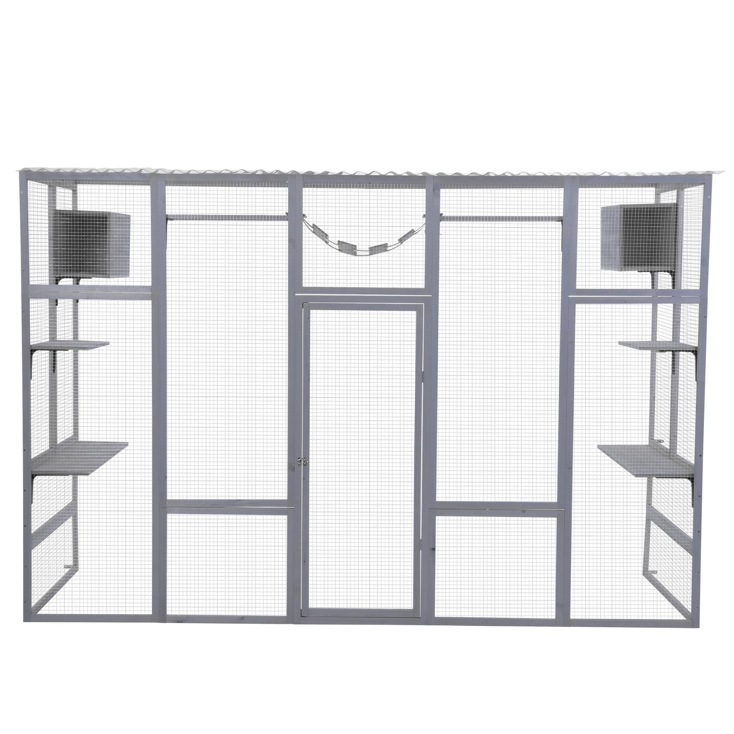 Spacious outdoor cat enclosure with multiple levels and a sleeping box for feline comfort