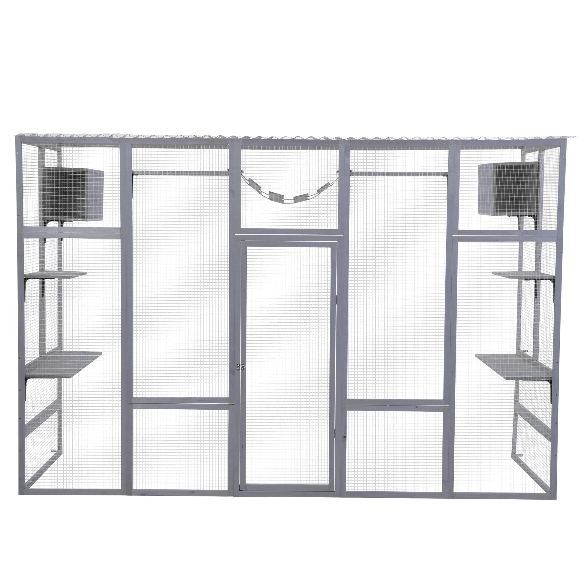 Spacious outdoor cat enclosure with multiple levels and a sleeping box for feline comfort