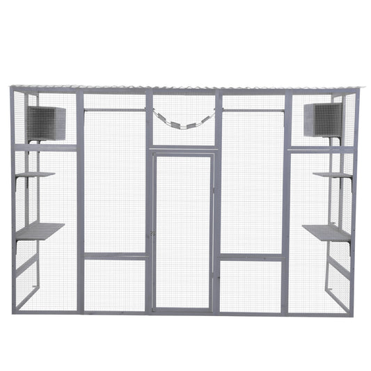 Spacious outdoor cat enclosure with multiple levels and a sleeping box for feline comfort