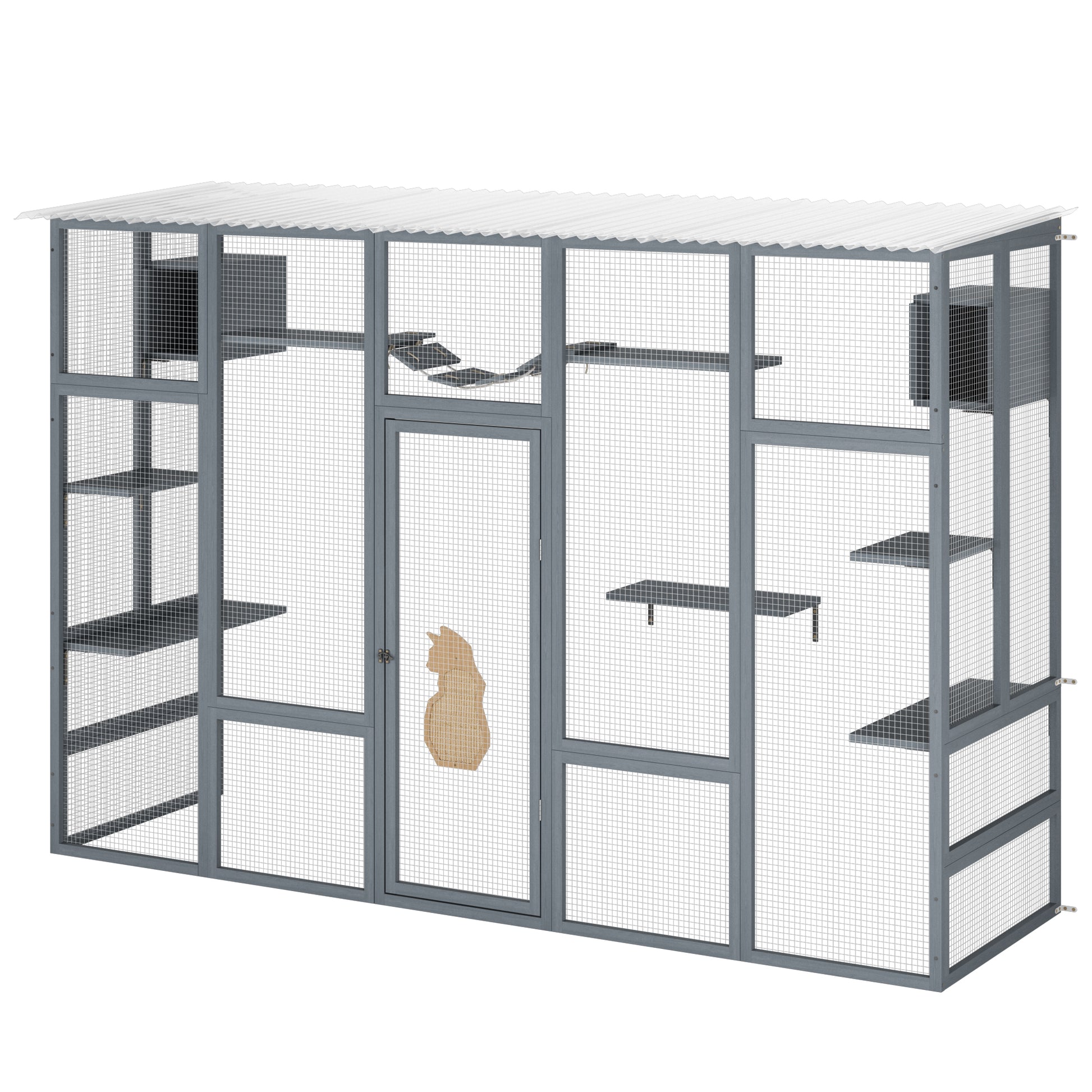 Large grey outdoor catio with multiple levels scratching posts and a covered roof