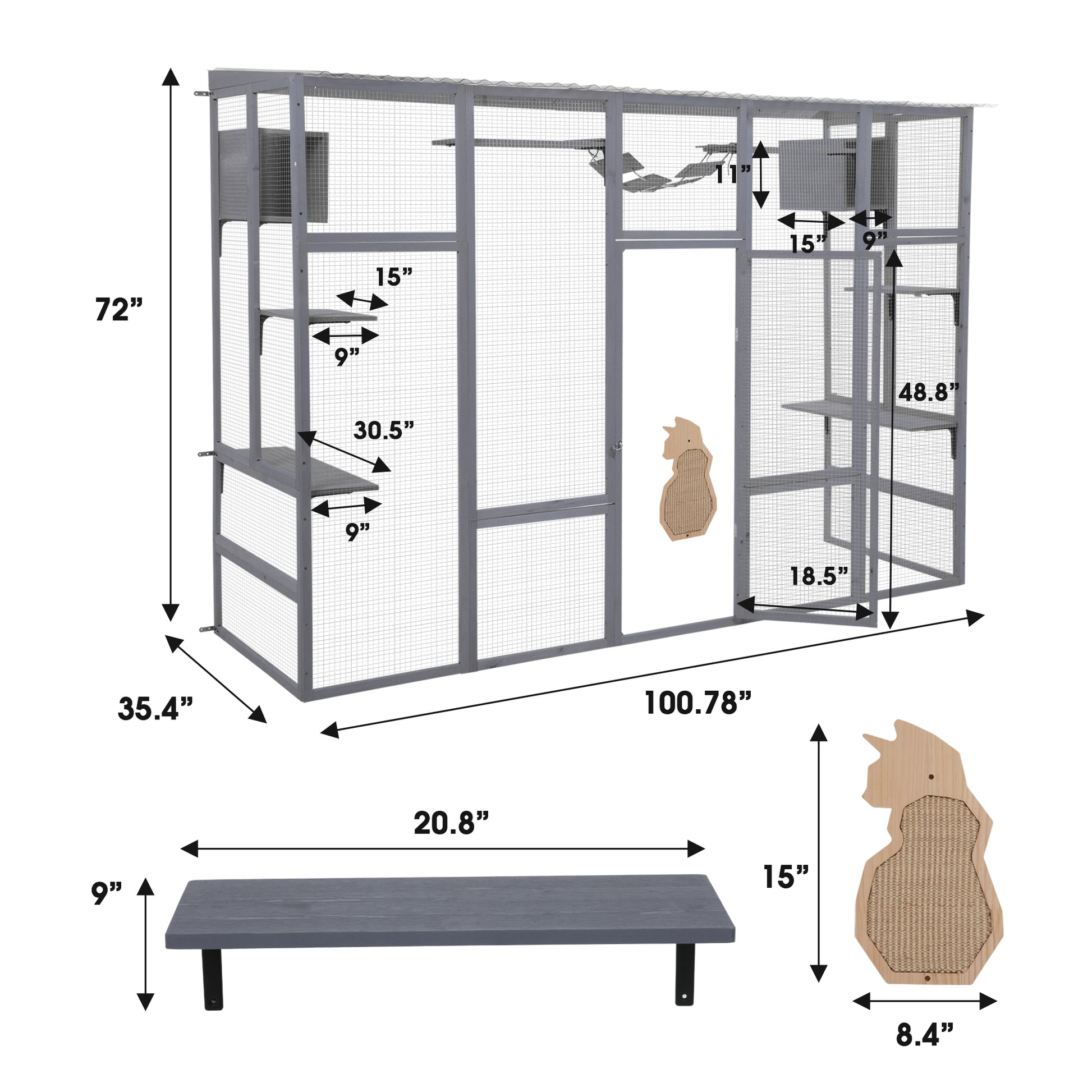 Large gray outdoor cat enclosure with multiple levels and scratching posts  long