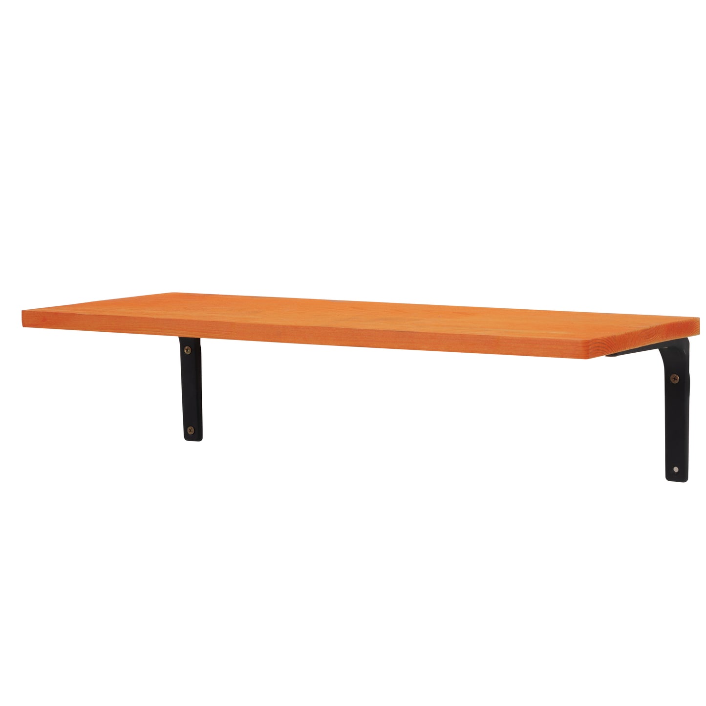 Orange wooden shelf with black metal brackets for wall mounting