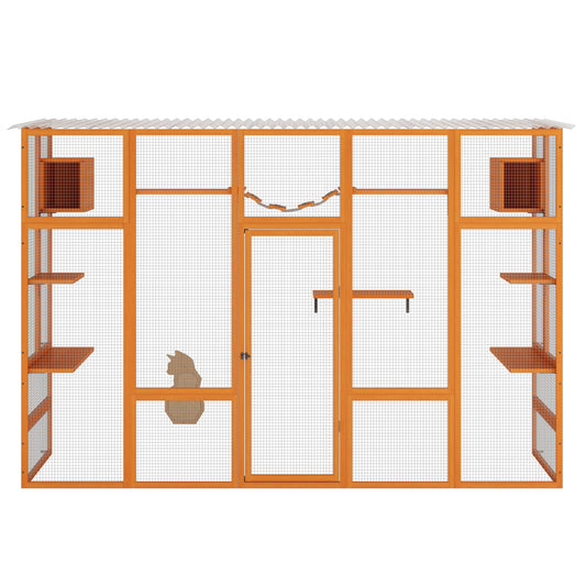 Wooden outdoor cat enclosure with multiple levels scratching posts and climbing tunnel