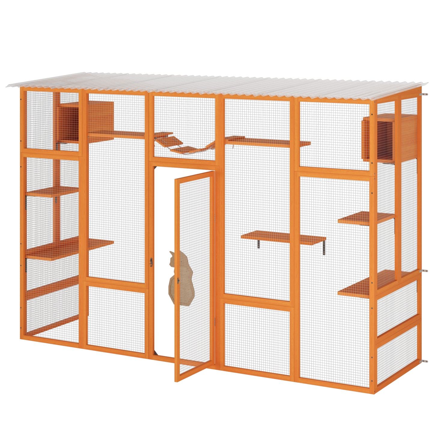 Spacious wooden catio with multiple levels scratching posts and climbing platforms for outdoor feline fun