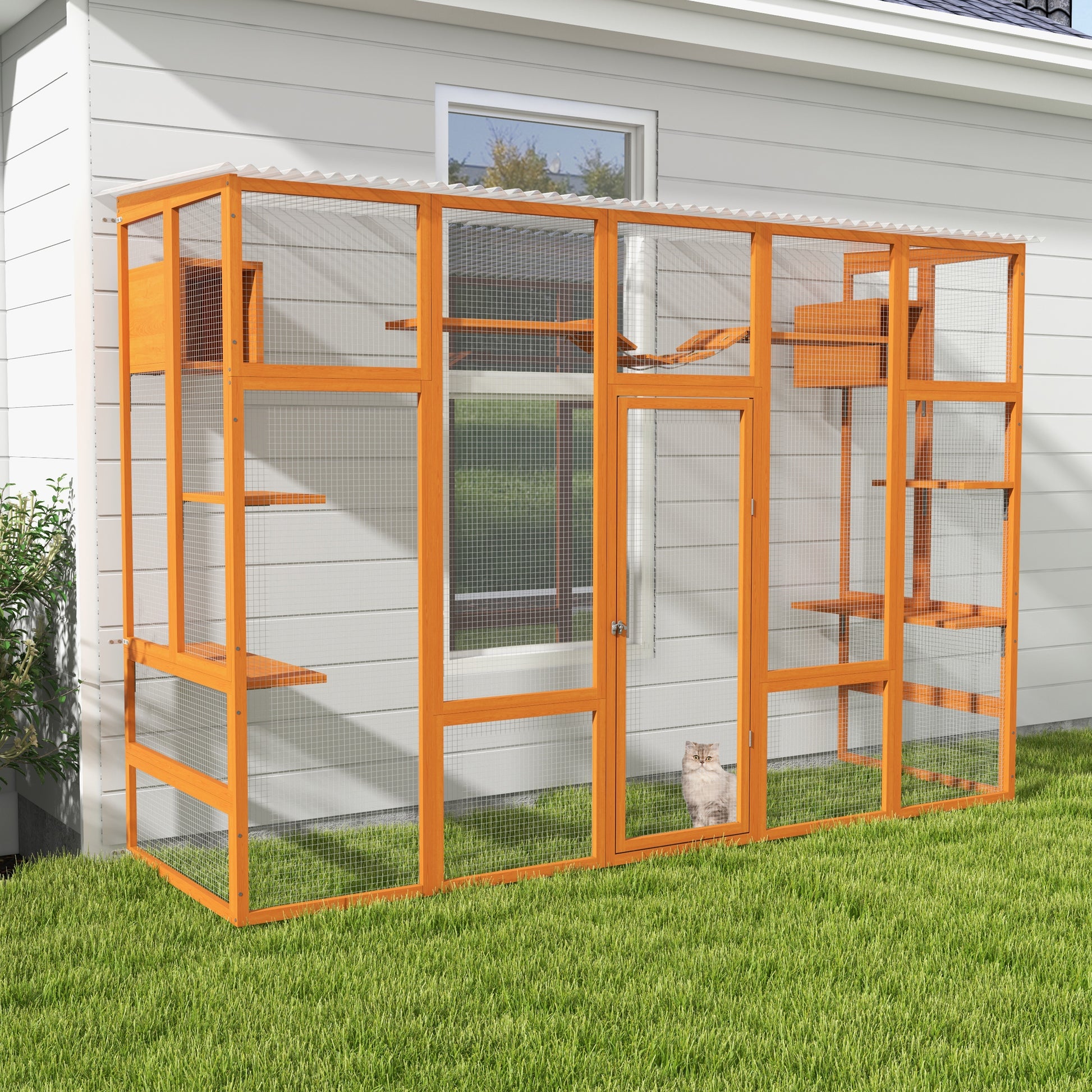 Wooden outdoor catio with multiple levels and climbing ramps for pets
