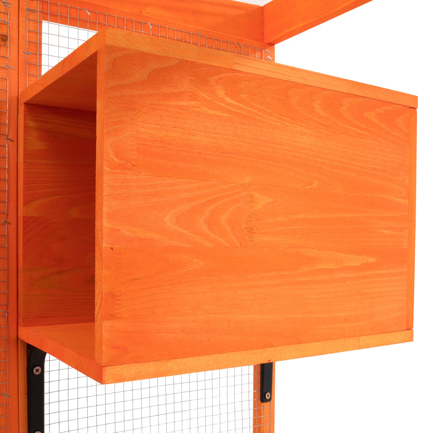 Orange wooden hideout box with wire mesh for pet coop