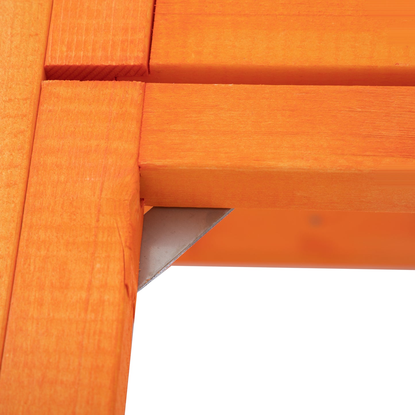 Bright orange wooden shelf bracket detail with visible grain