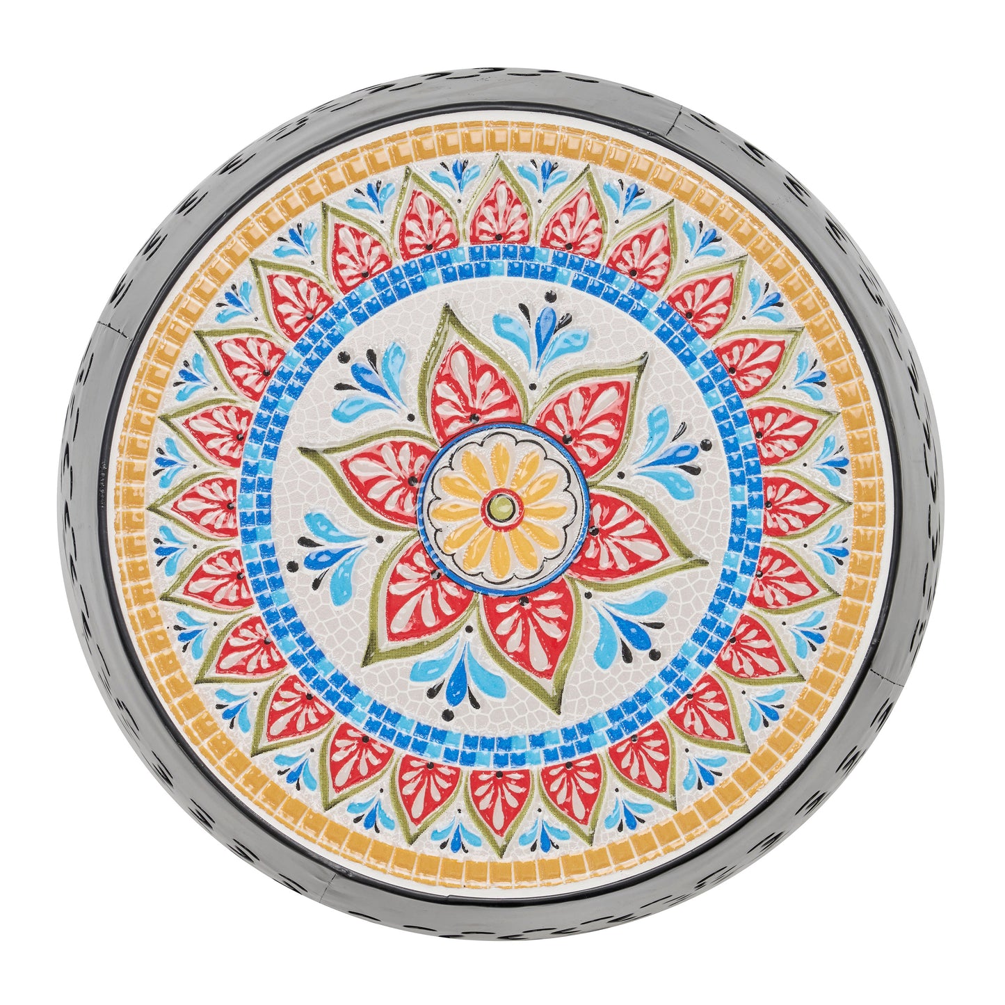 Round mosaic side table with colorful floral design ideal for garden patio decor