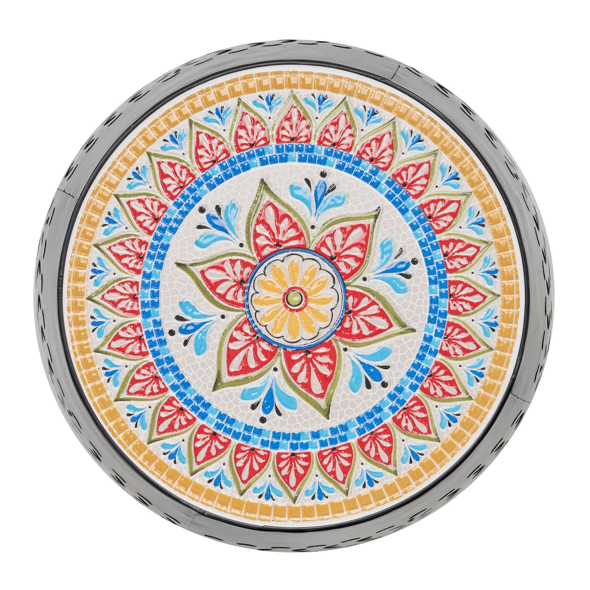 Round mosaic side table with colorful floral design ideal for garden patio decor