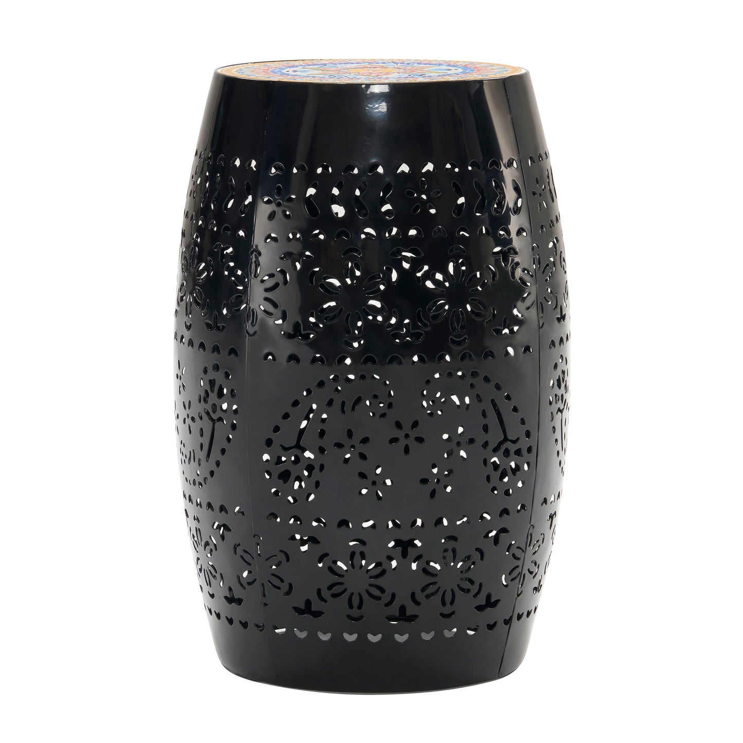 Black metal garden stool with intricate floral cutouts and a mosaic tile top