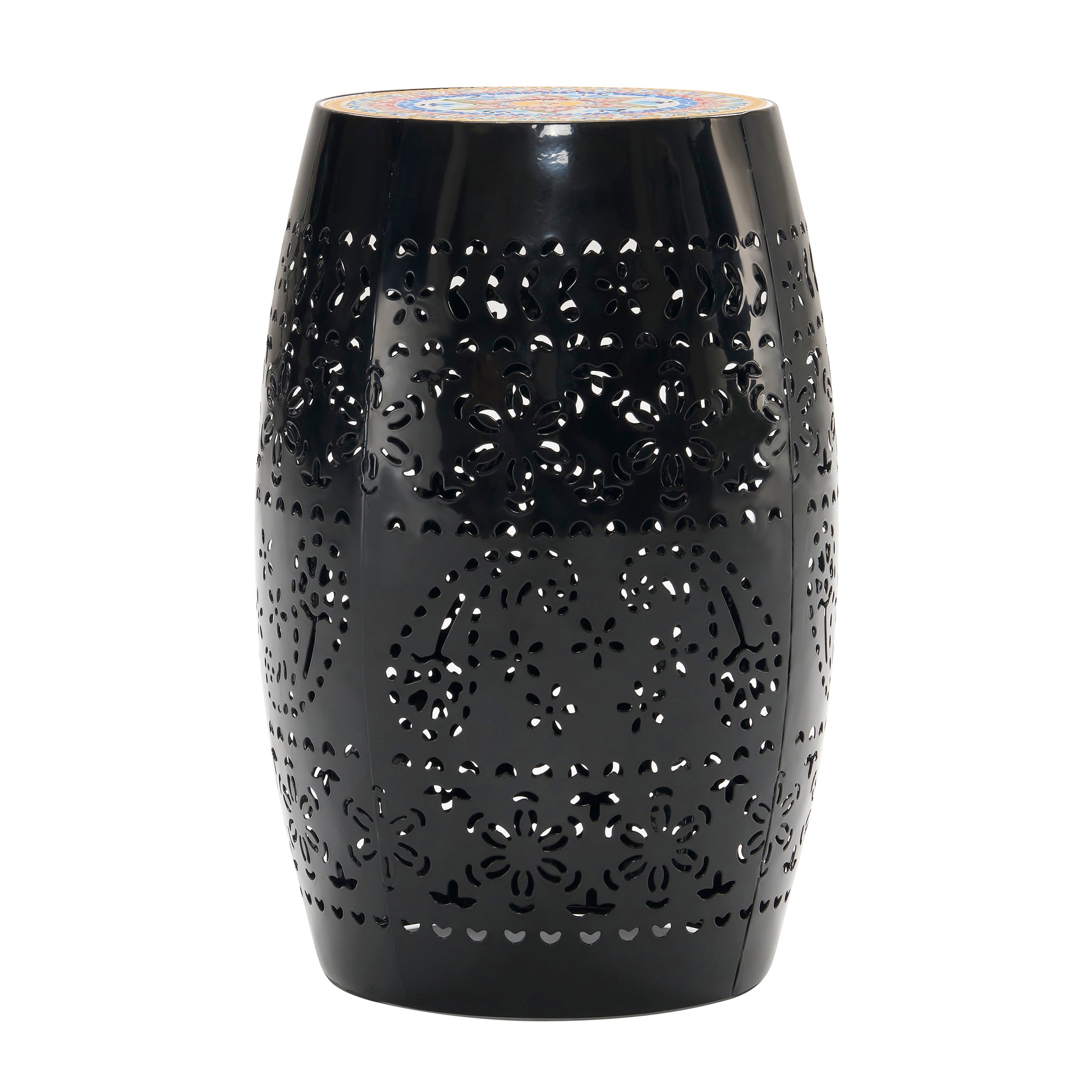 Black metal garden stool with intricate floral cutouts and a mosaic tile top