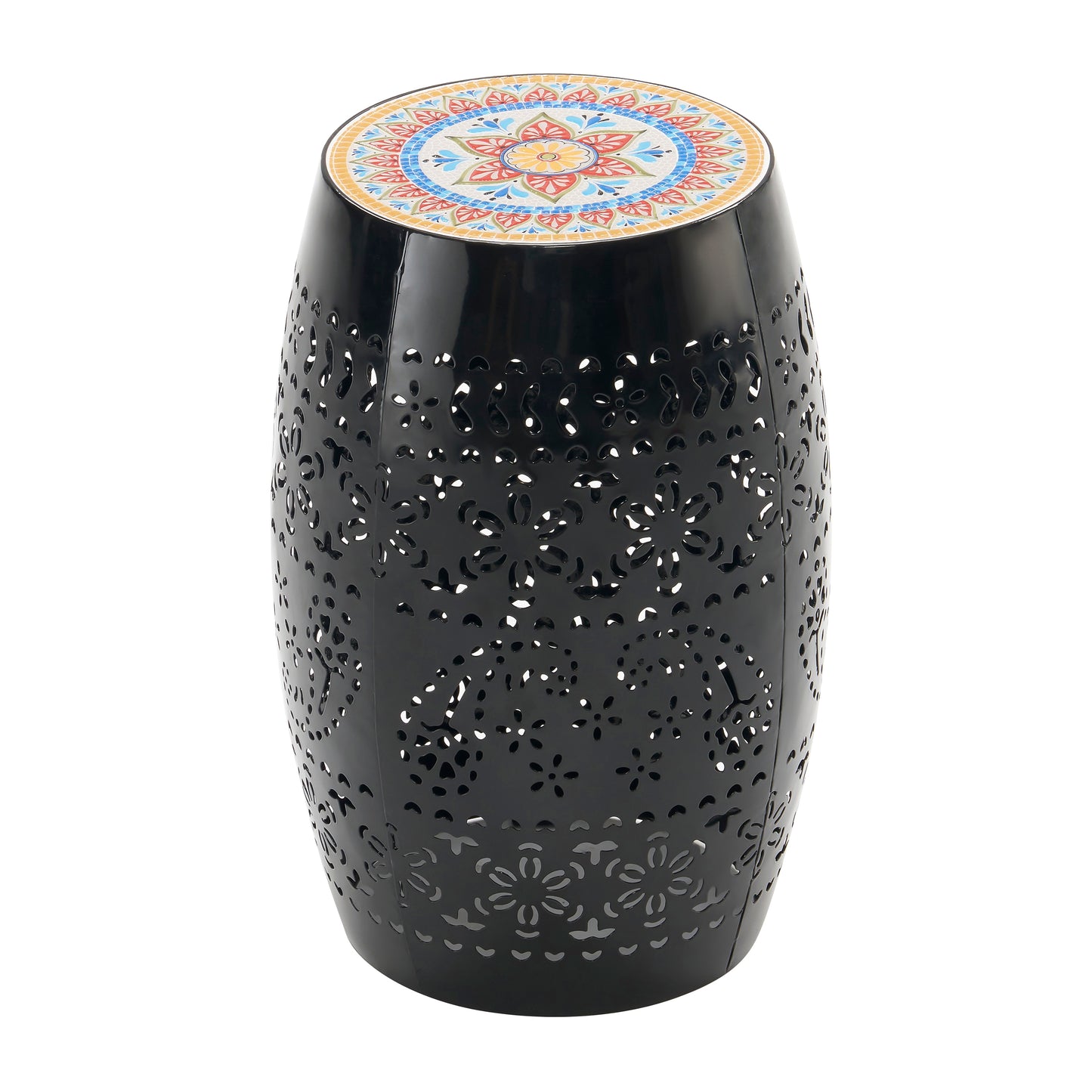Black metal garden stool with a colorful mosaic tile top featuring floral patterns