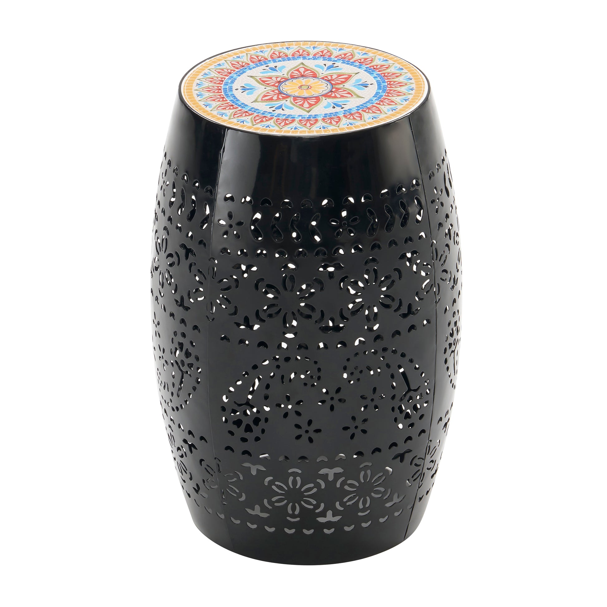 Black metal garden stool with a colorful mosaic tile top featuring floral patterns