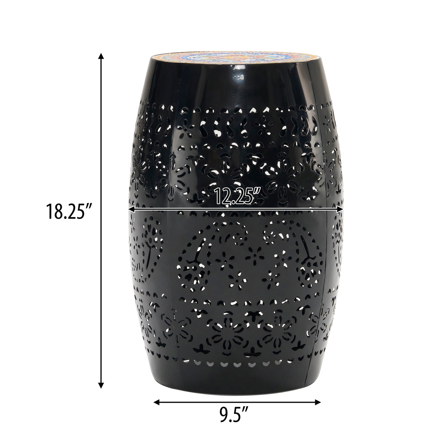 Black metal garden stool with intricate floral cutouts  inches tall