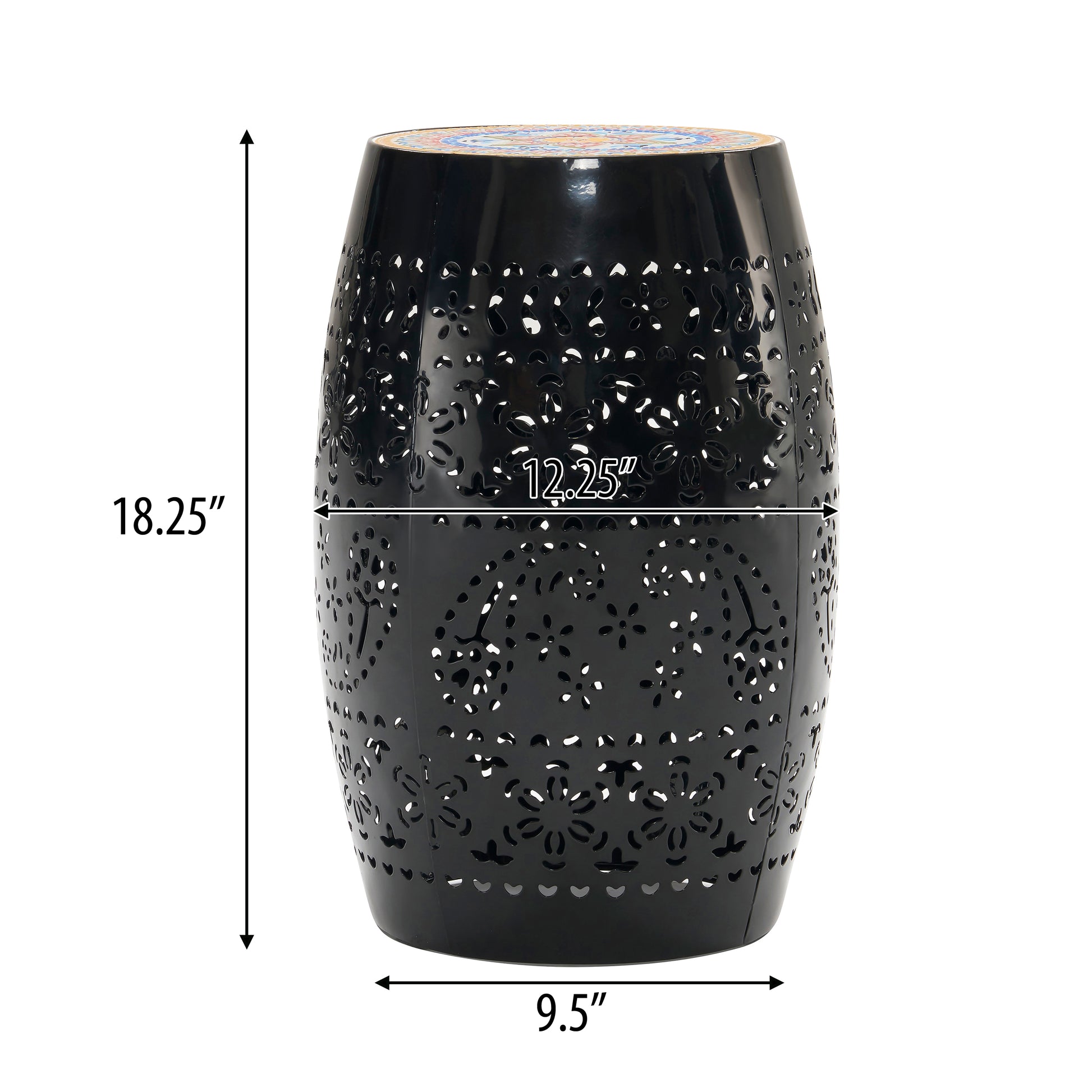 Black metal garden stool with intricate floral cutouts  inches tall