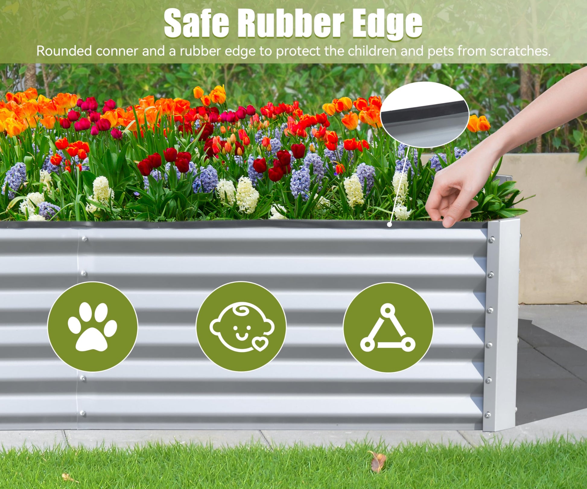 Corrugated metal raised garden bed with a safe rubber edge and colorful flowers
