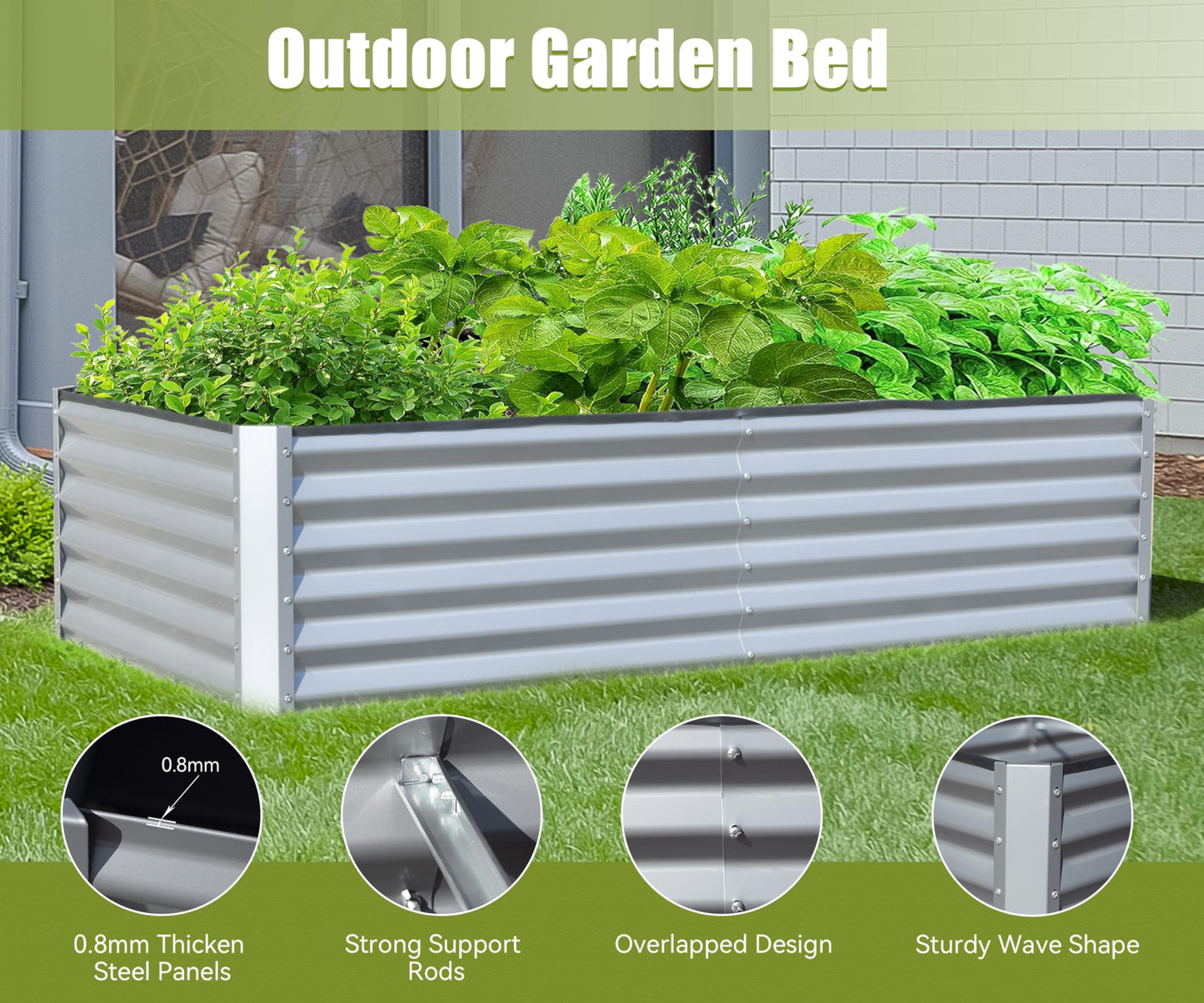Silver corrugated metal outdoor garden bed with abundant green plants growing inside