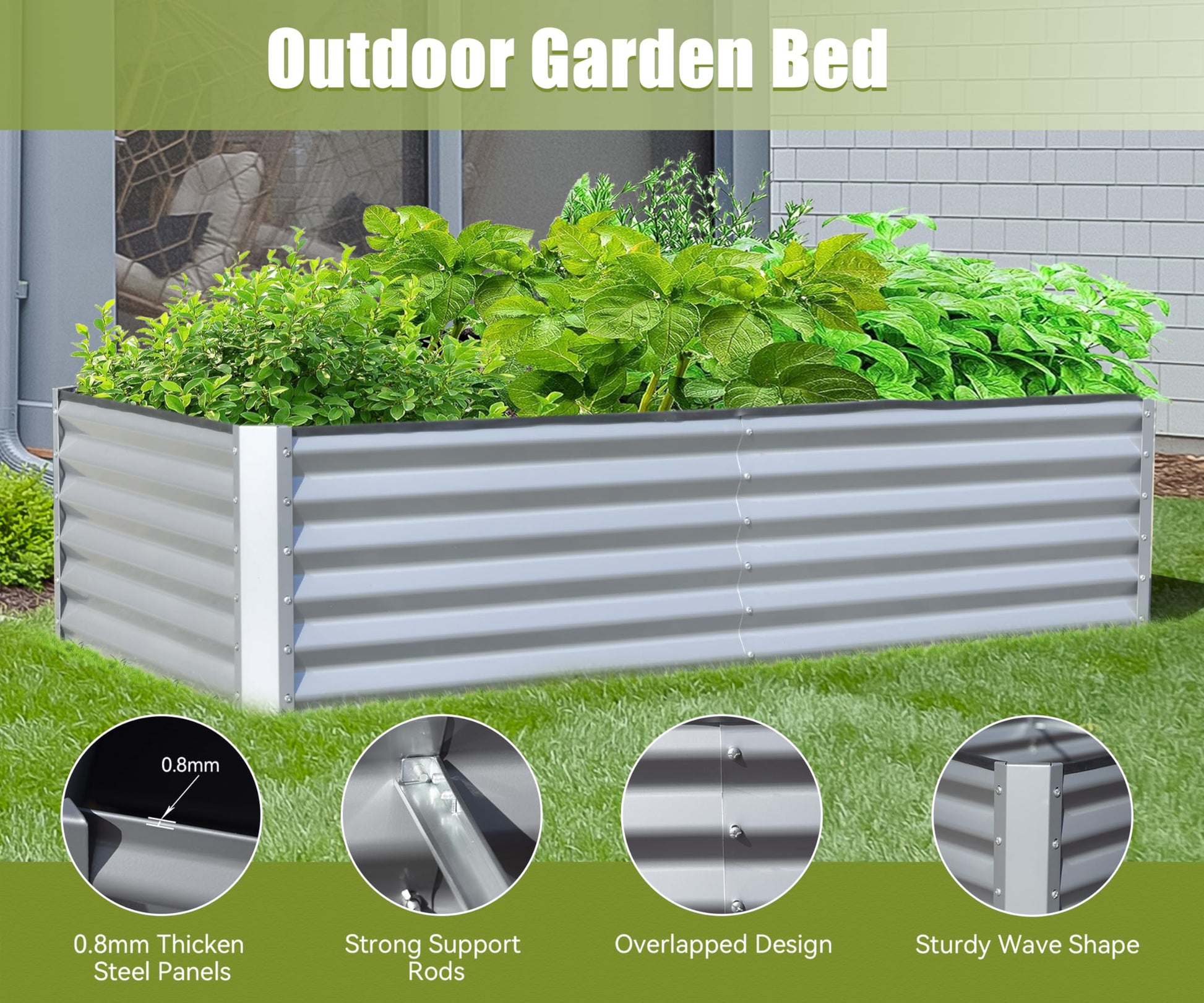 Silver corrugated metal outdoor garden bed with abundant green plants growing inside