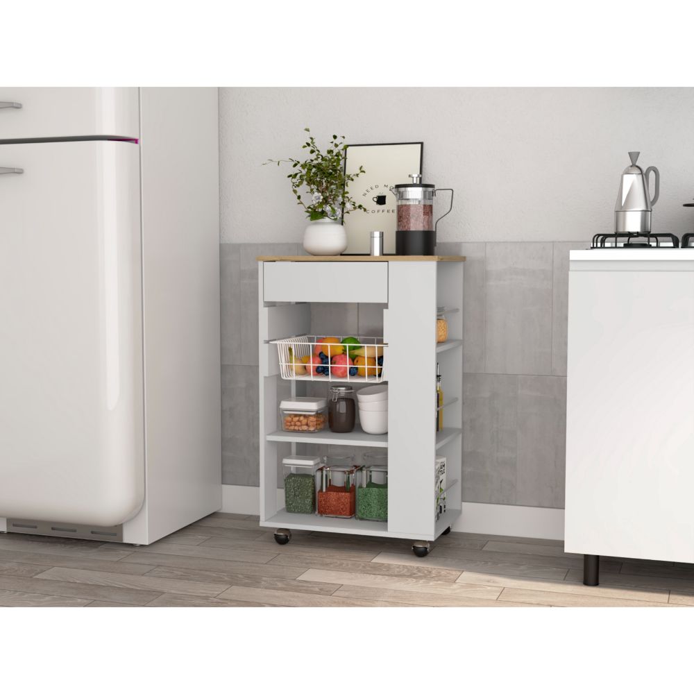White kitchen cart with wooden top and fruit basket