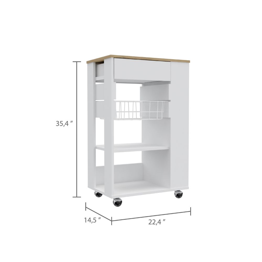 White rolling kitchen cart with natural wood top drawer and wire basket Offers ample storage for kitchens