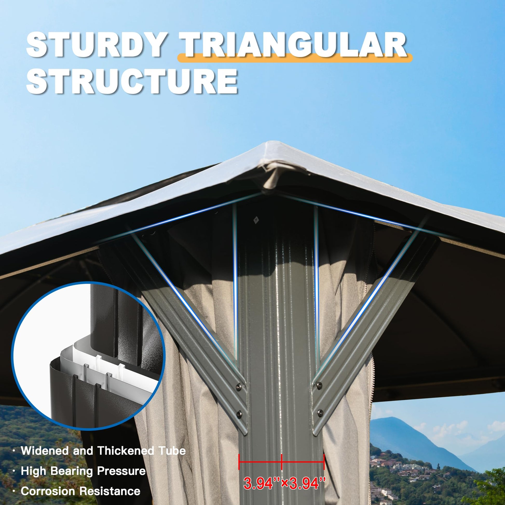 Gazebo frame detail showcasing sturdy triangular structure and thickened tubes for stability