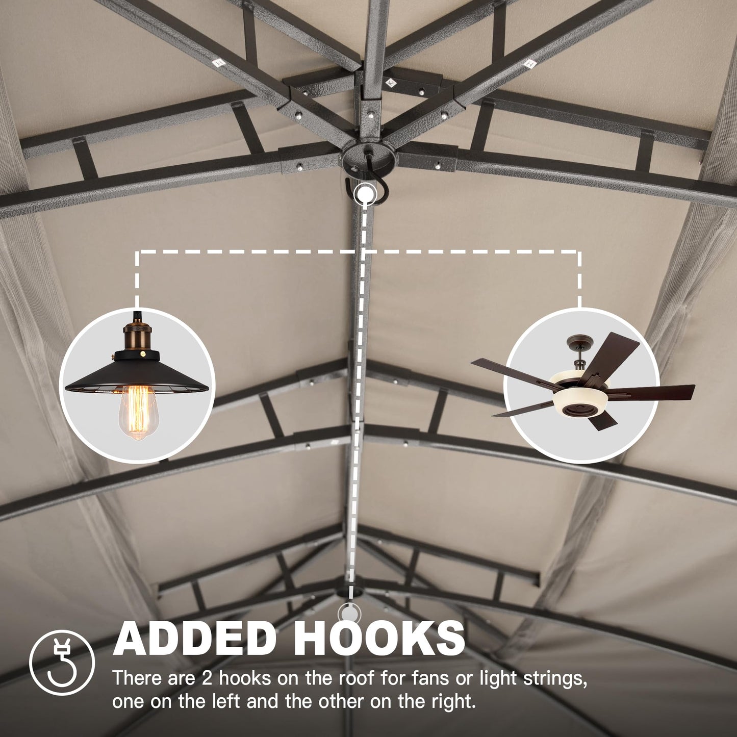 Gazebo interior view showing metal frame with hooks for fans or light strings