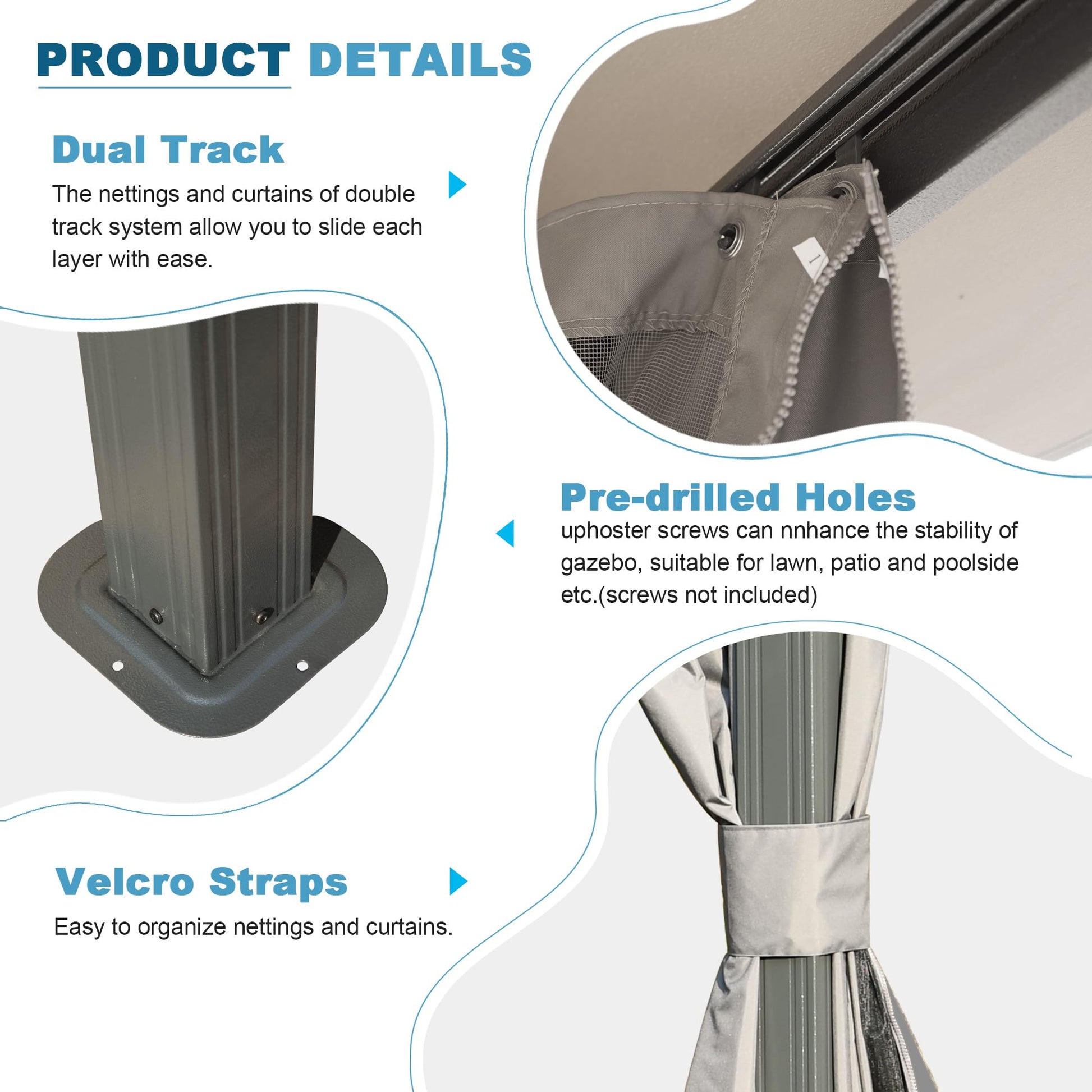 Grey gazebo dual track system for easy sliding of nettings and curtains