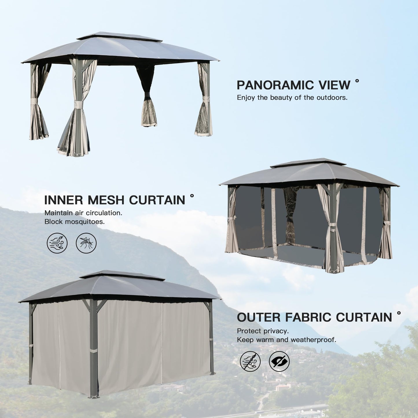 Gray outdoor gazebo with dualtier roof and silver tieback curtains