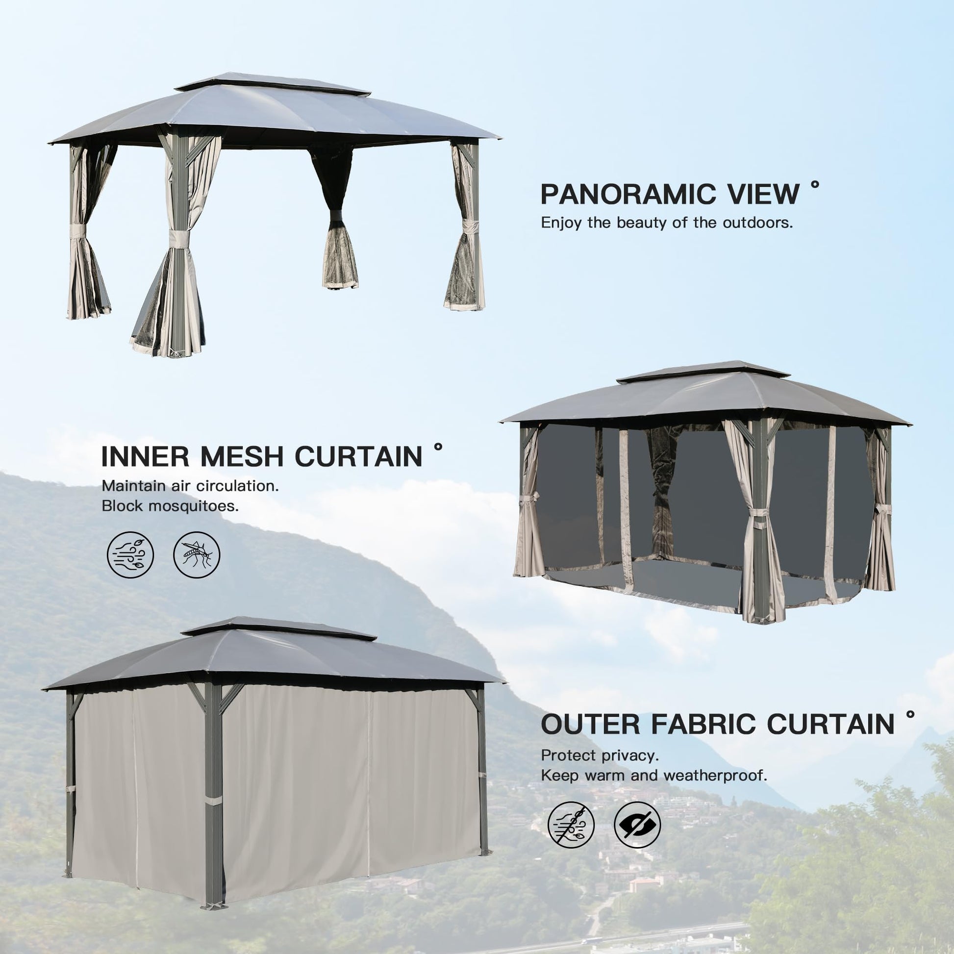 Gray outdoor gazebo with dualtier roof and silver tieback curtains