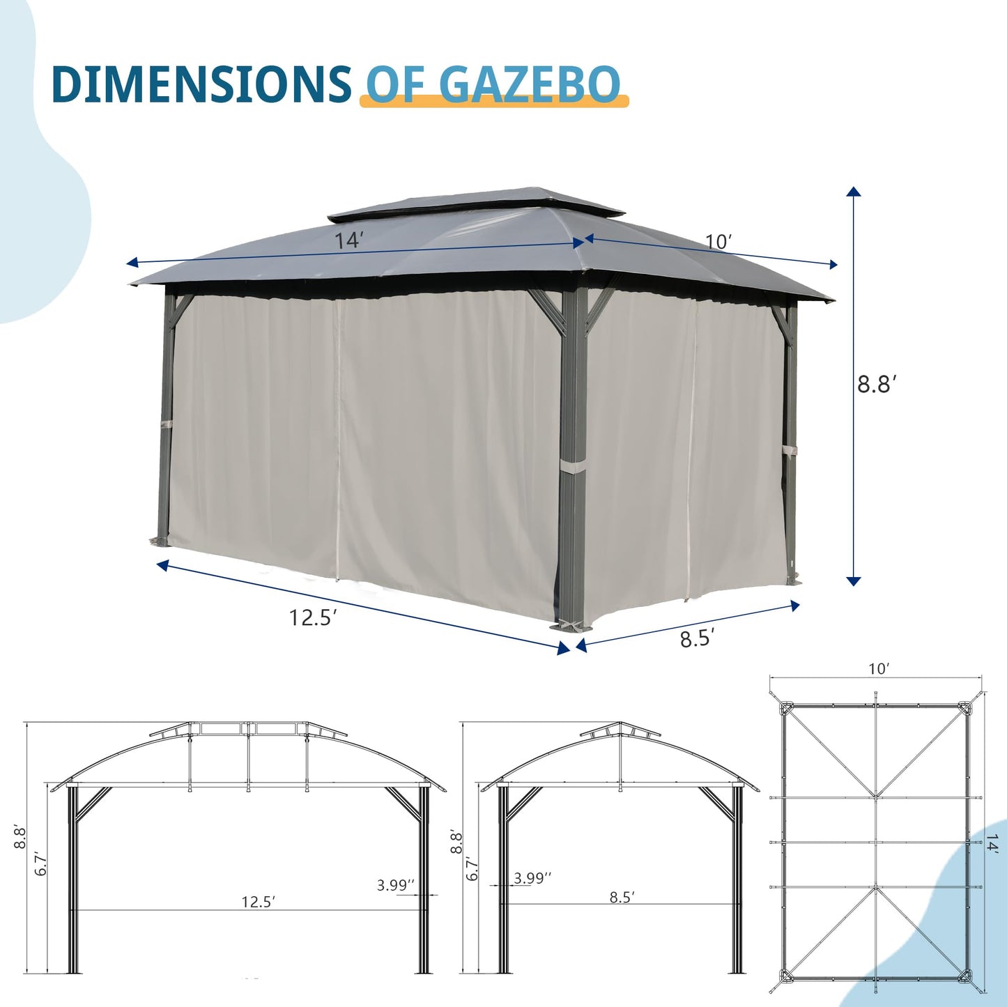 ft x ft steel frame gazebo with grey canopy and removable curtains offering ample outdoor shelter