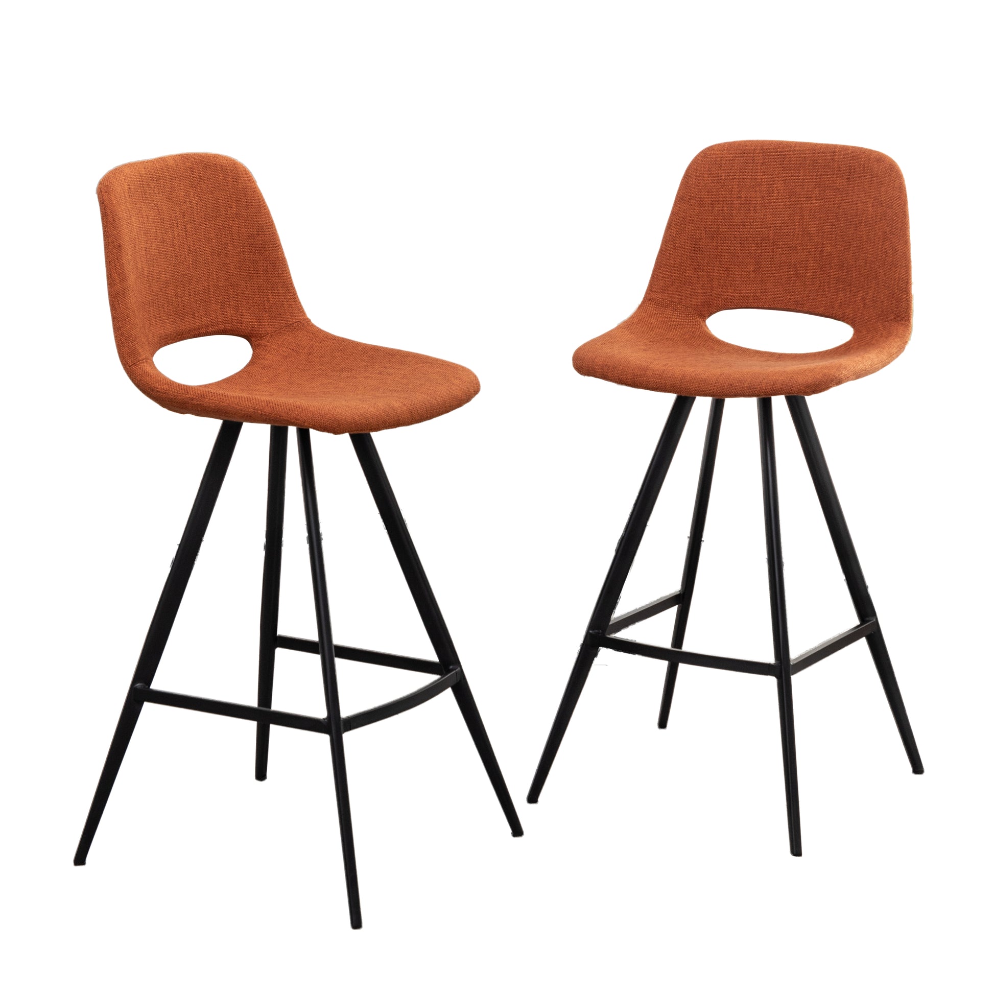 Two orange textured fabric bar stools with black metal legs and a cutout seat