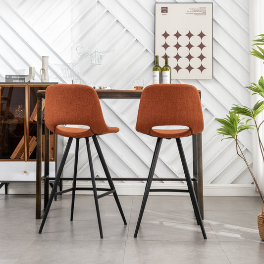 Two burnt orange fabric bar stools with black metal legs modern design for kitchen island