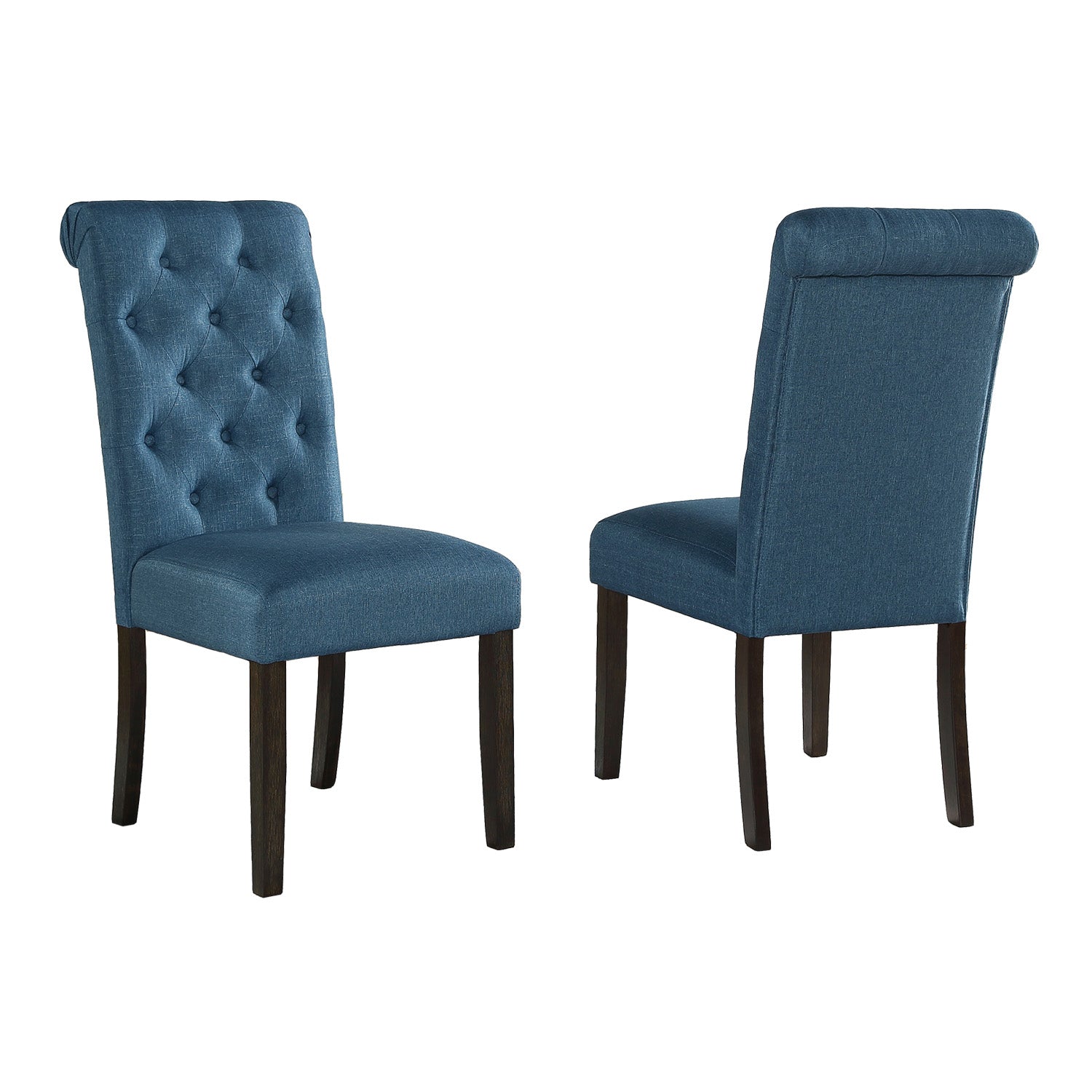 Tufted blue fabric dining chair with dark wood legs elegant design