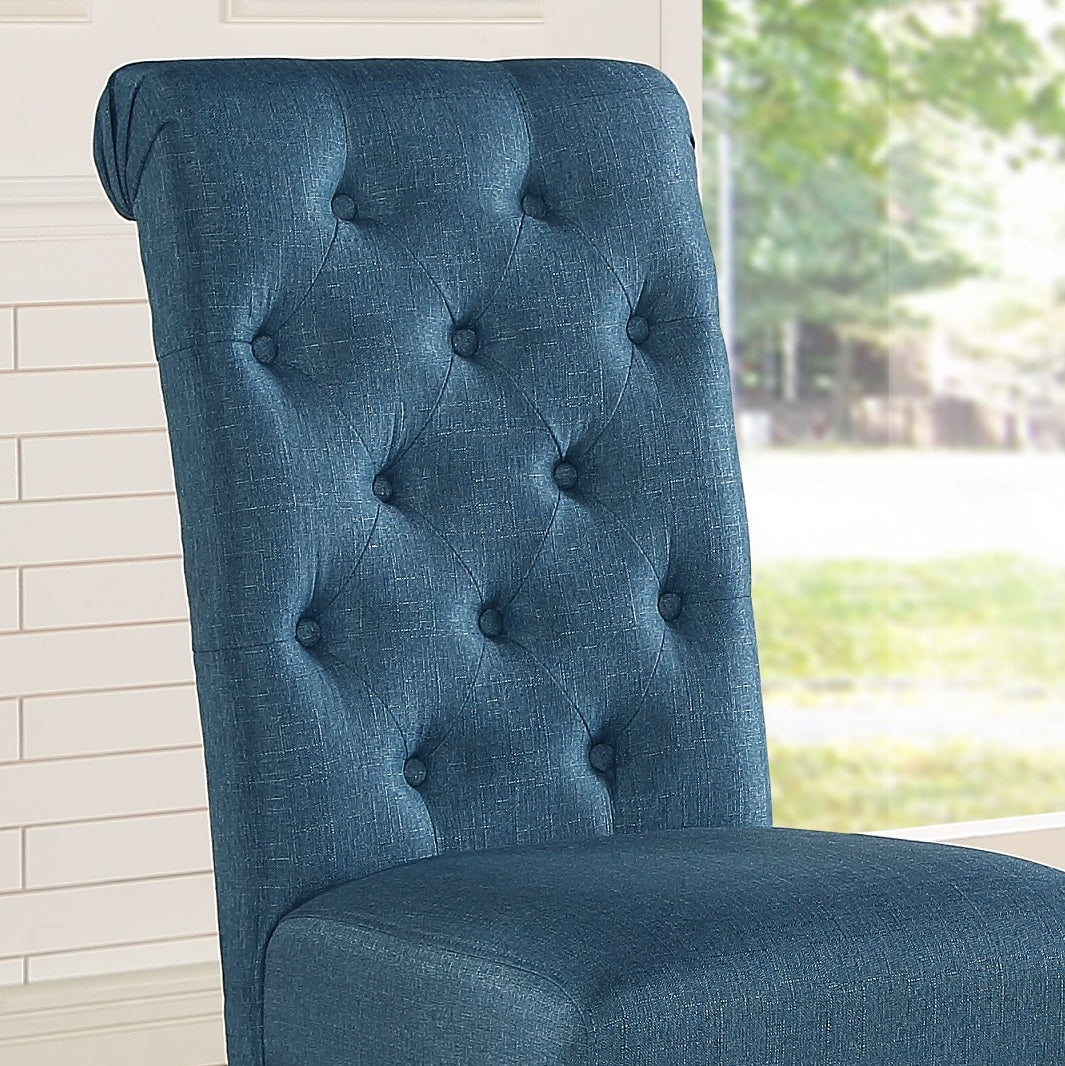 Deep blue upholstered dining chair with diamond tufting detail
