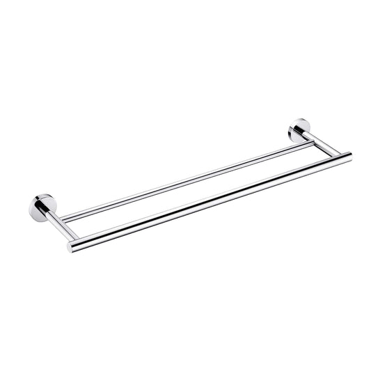 Polished chrome double towel bar mounted on a white background ideal for bathrooms