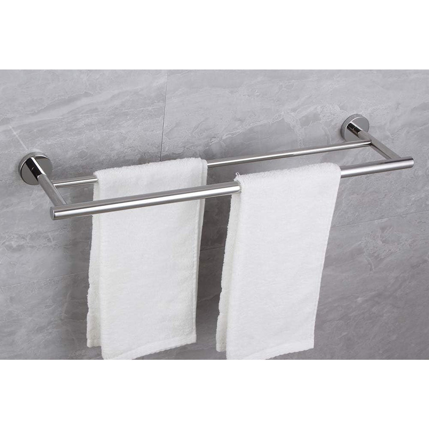 Sleek doublearm stainless steel towel rack holding two plush white bath towels