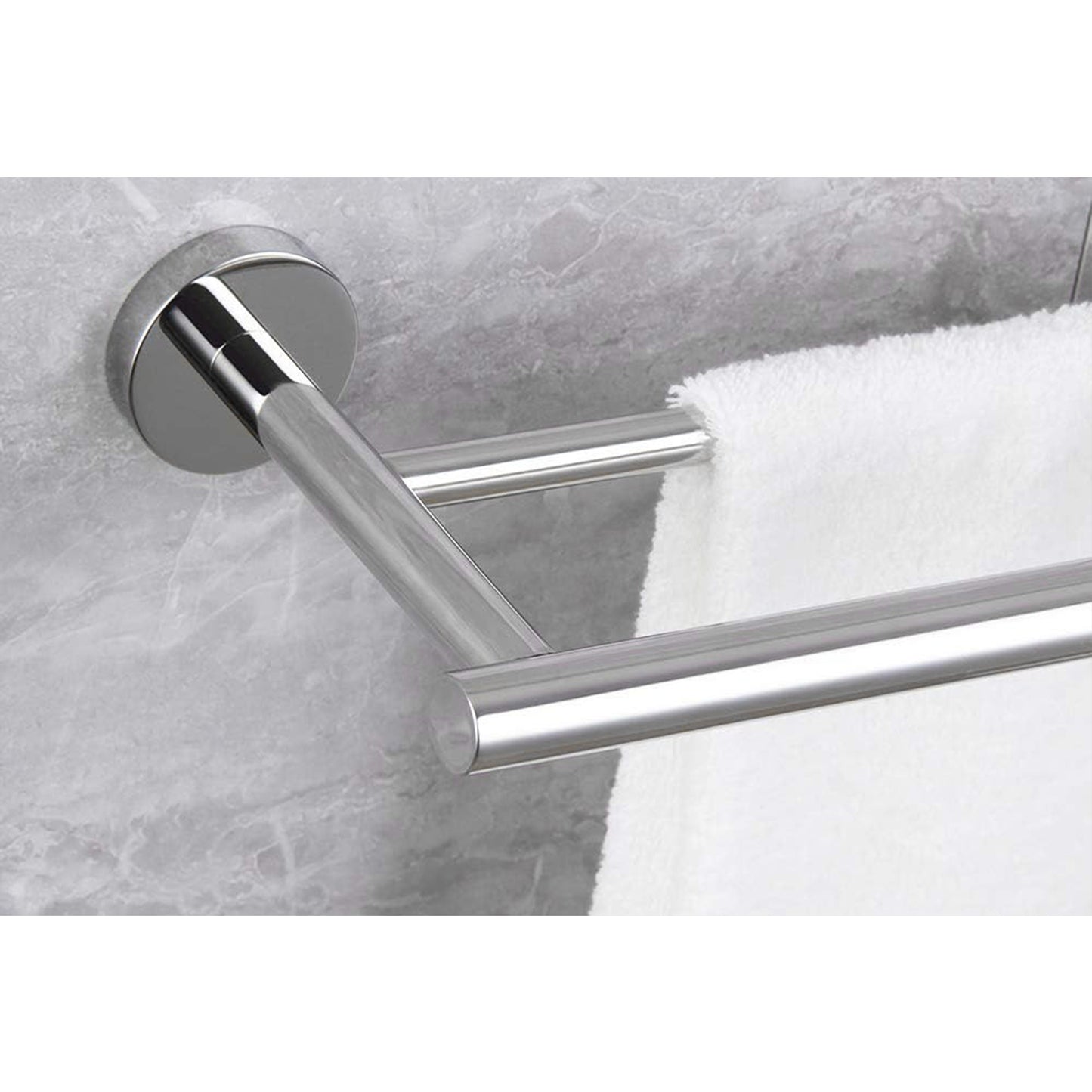 Polished chrome double towel bar with a fluffy white towel