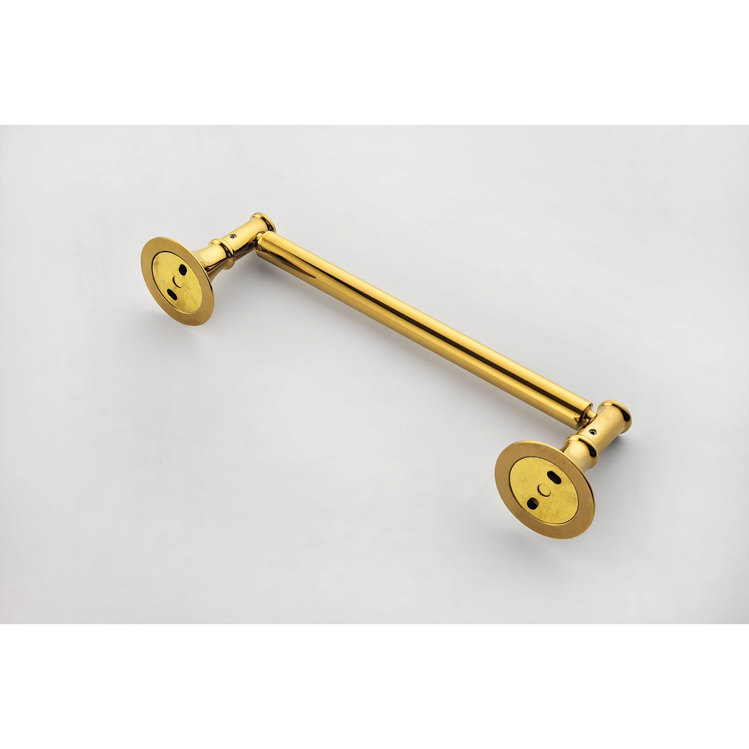 Polished brass towel bar with circular mounting plates and a clean modern design