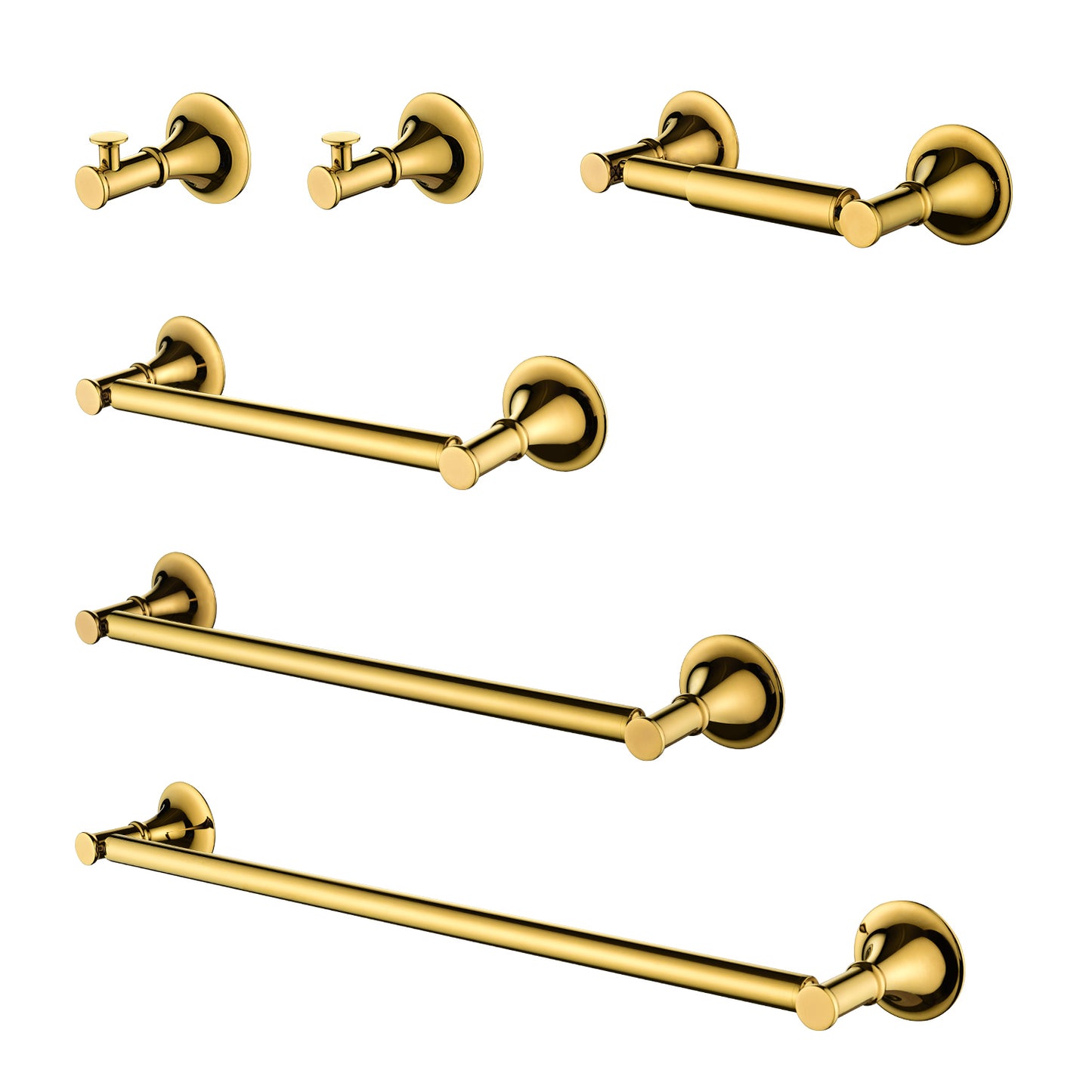 Set of  polished gold brass bathroom fixtures including robe hooks towel bars and a toilet paper holder