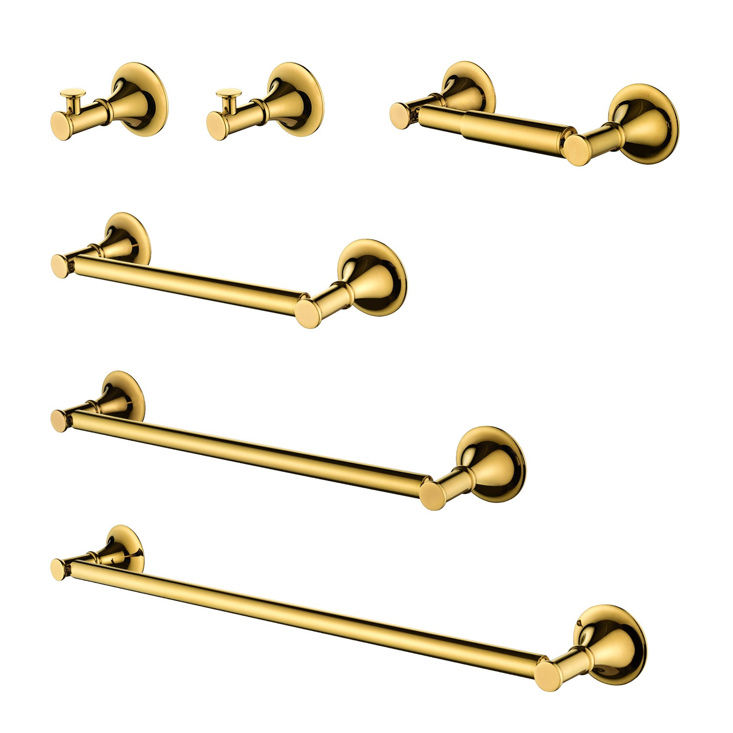 Set of  polished gold brass bathroom fixtures including robe hooks towel bars and a toilet paper holder