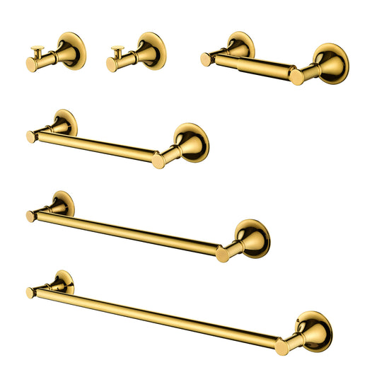 Set of  polished gold brass bathroom fixtures including robe hooks towel bars and a toilet paper holder