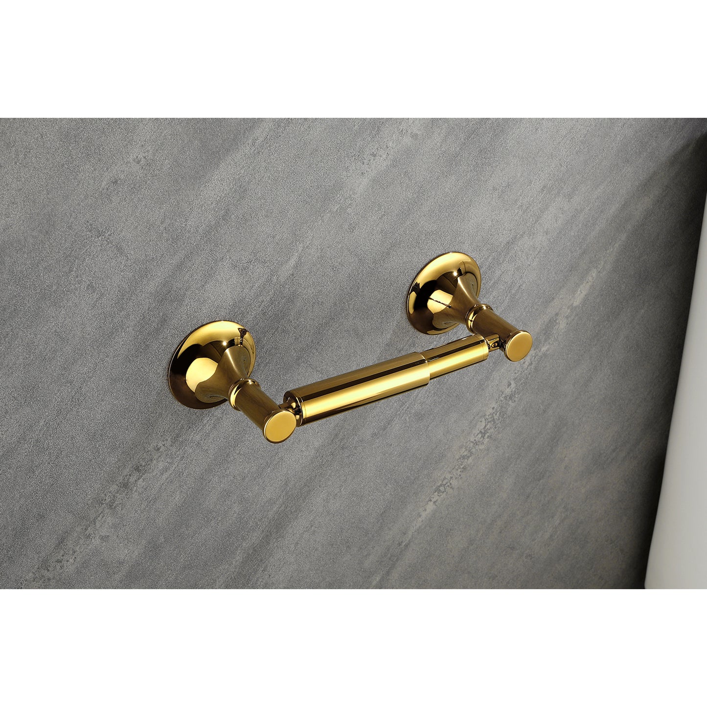 Polished brass wallmounted toilet paper holder with ornate finials