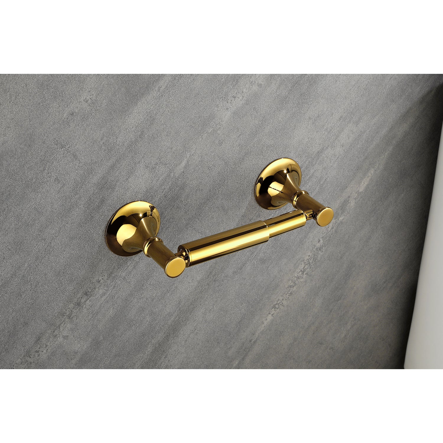 Polished brass wallmounted toilet paper holder with ornate finials