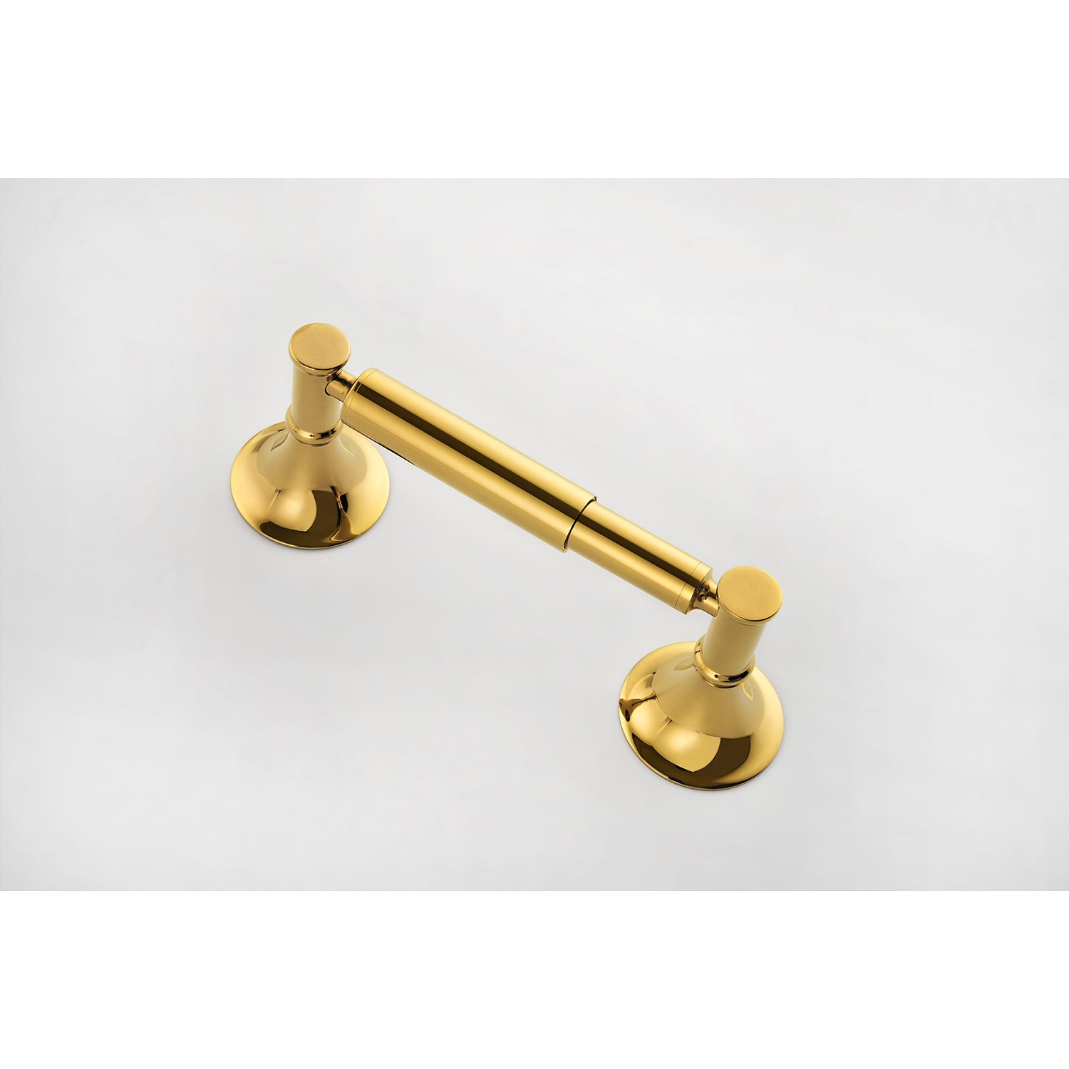 Polished brass toilet paper holder with a single bar and ornate base plates