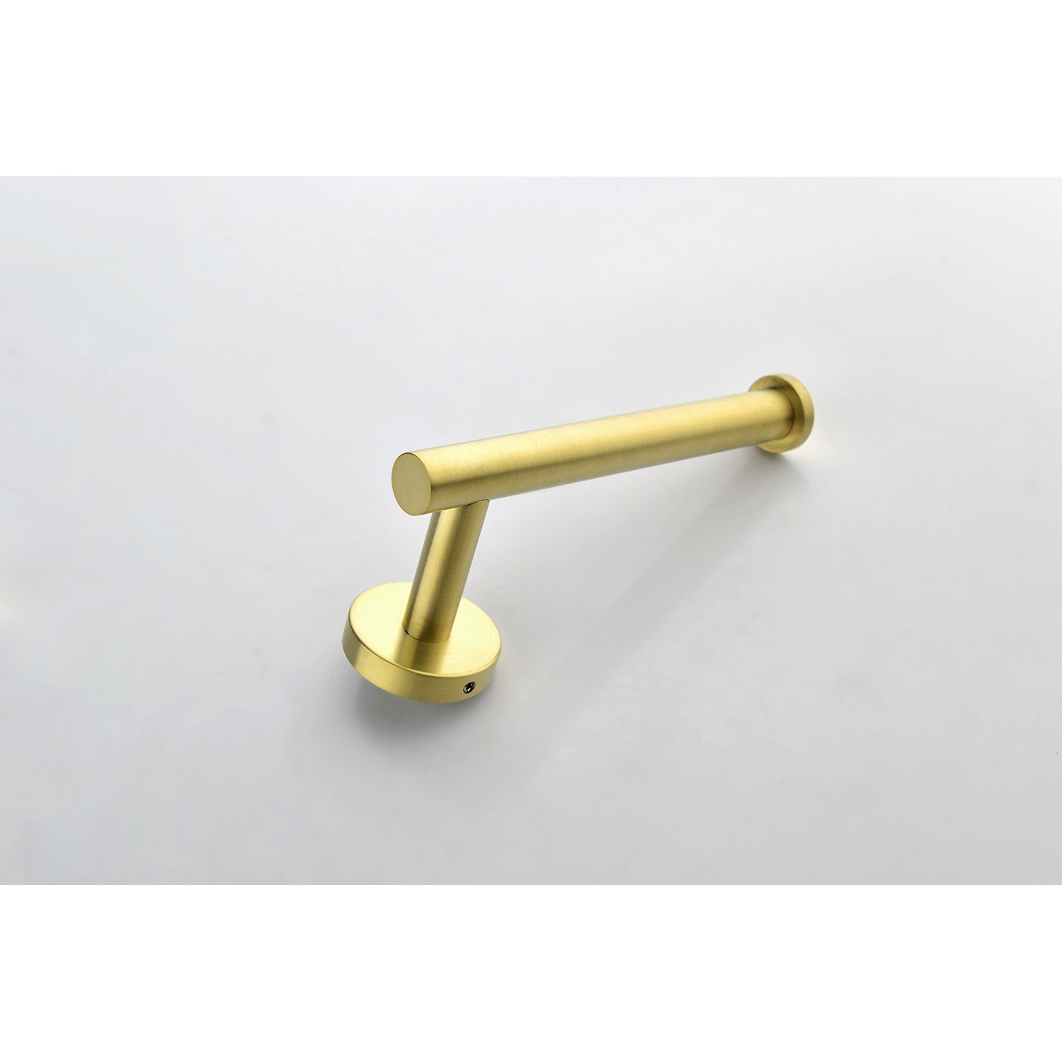 Brushed brass toilet paper holder with a minimalist modern design