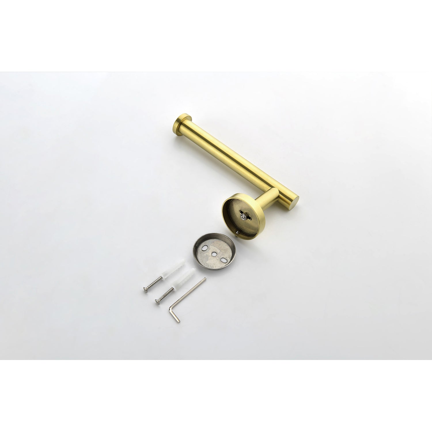 Brushed brass toilet paper holder with mounting hardware included