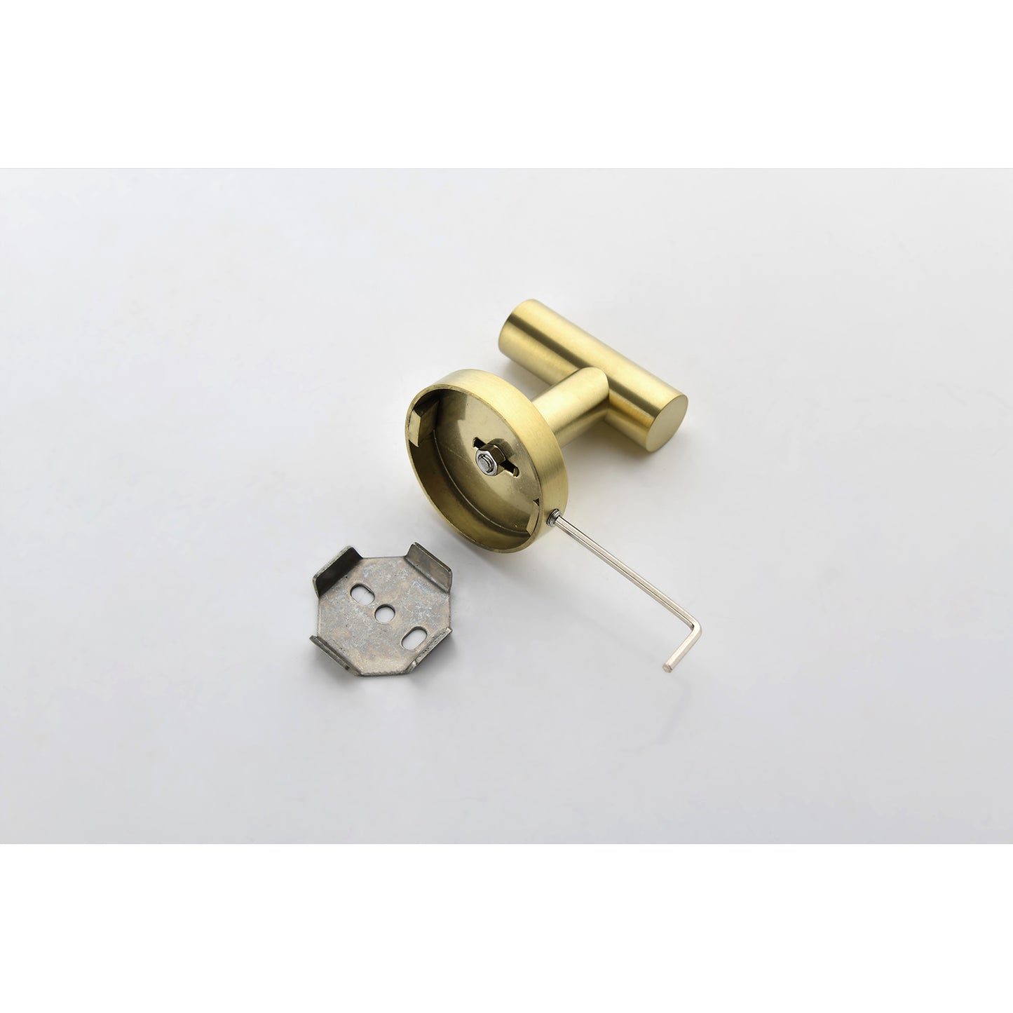 Modern brass wall hook with minimalist Tbar design and included mounting bracket