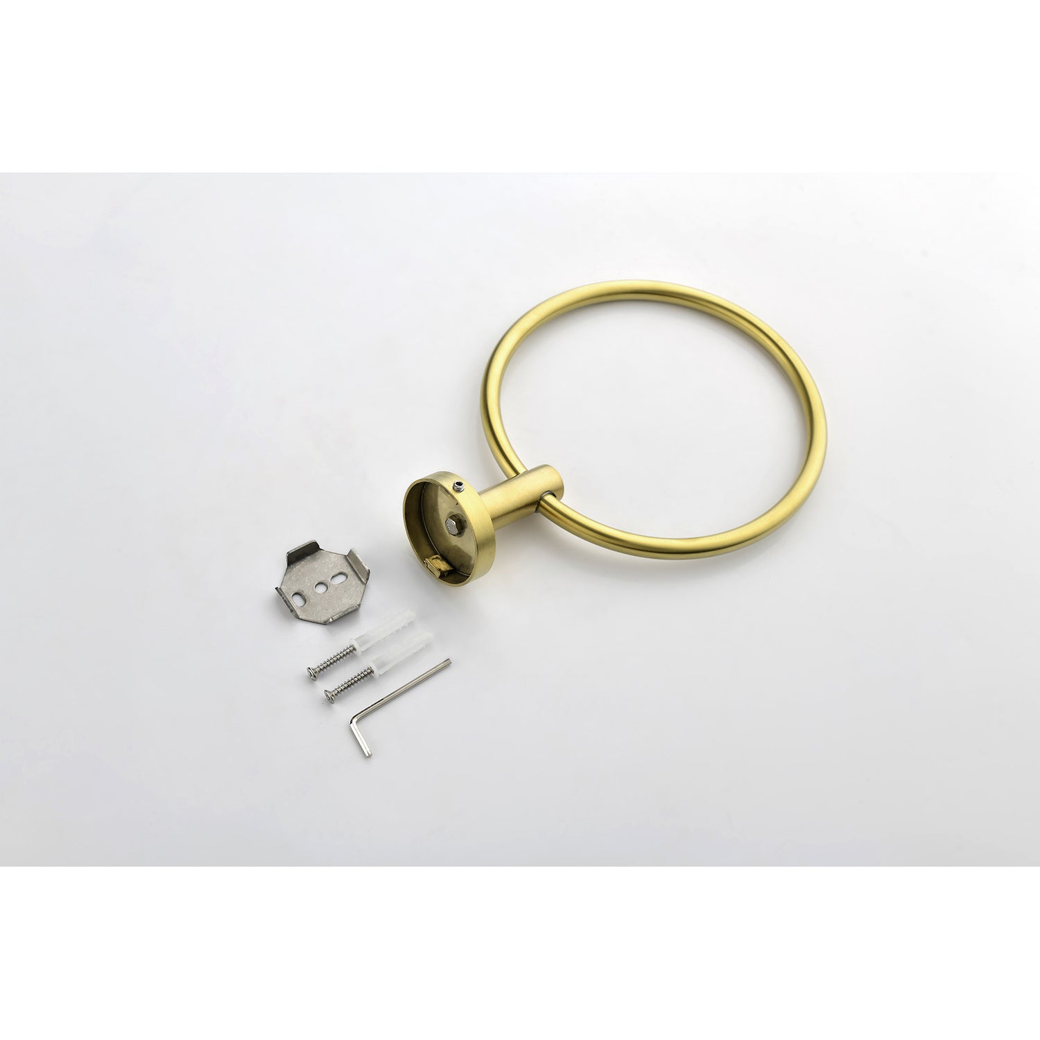 Brushed gold metal towel ring with wall mounting hardware