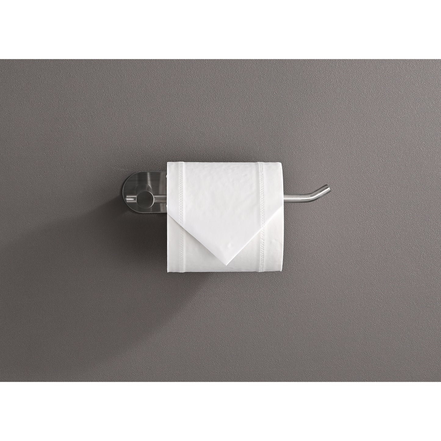 Brushed nickel toilet paper holder with a single roll of white tissue
