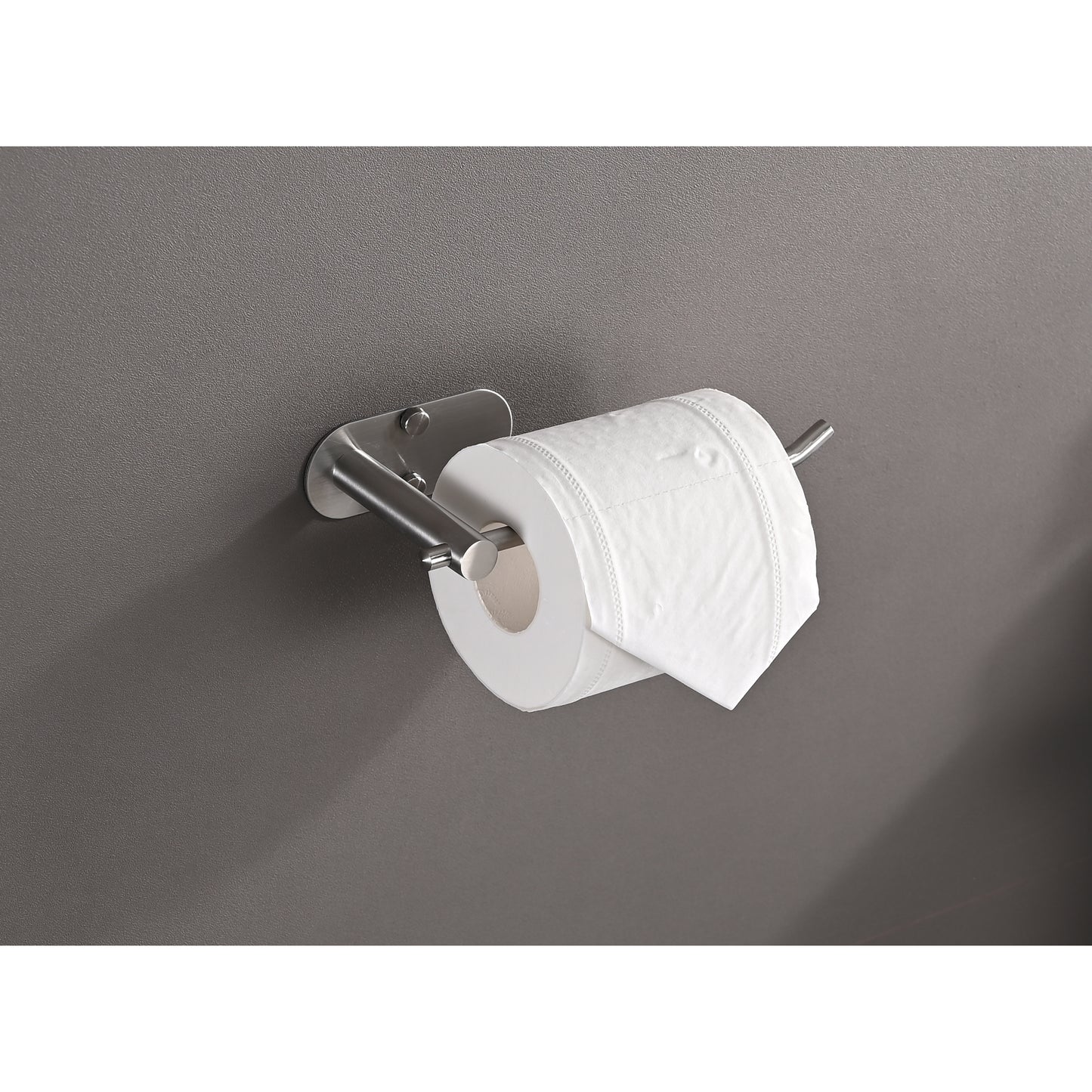 Sleek brushed nickel wallmounted toilet paper holder with a single roll of white toilet paper